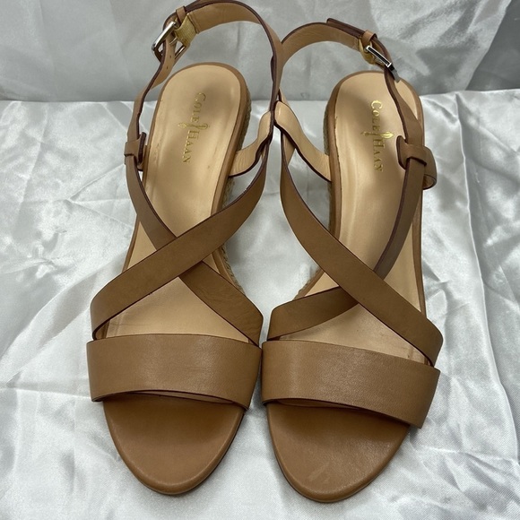 Cole Haan Women’s Tan Taylor Leather Open Toe Espadrille Wedge Shoes Size 6.5B